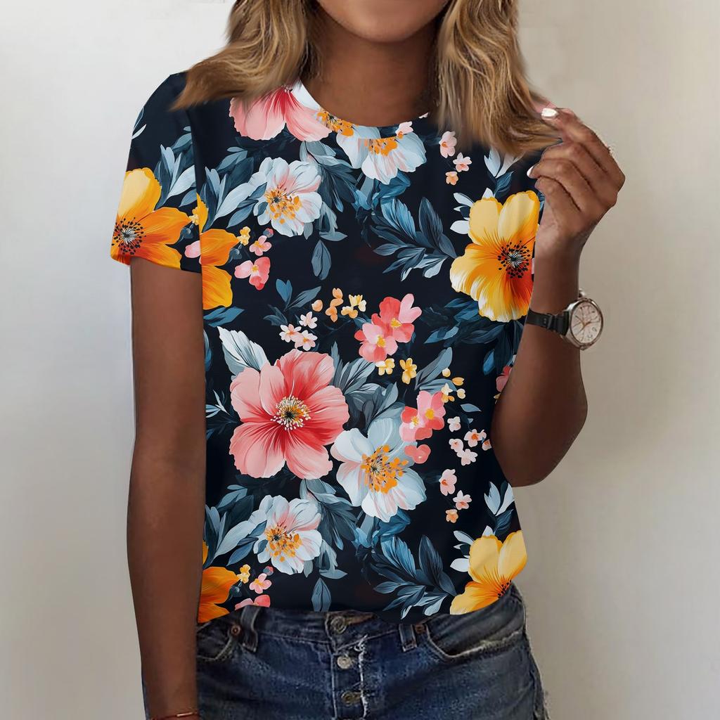 Women's Fashion Casual Printed Round Neck Short Sleeved T-Shirt Top T-Shirt Top Top
