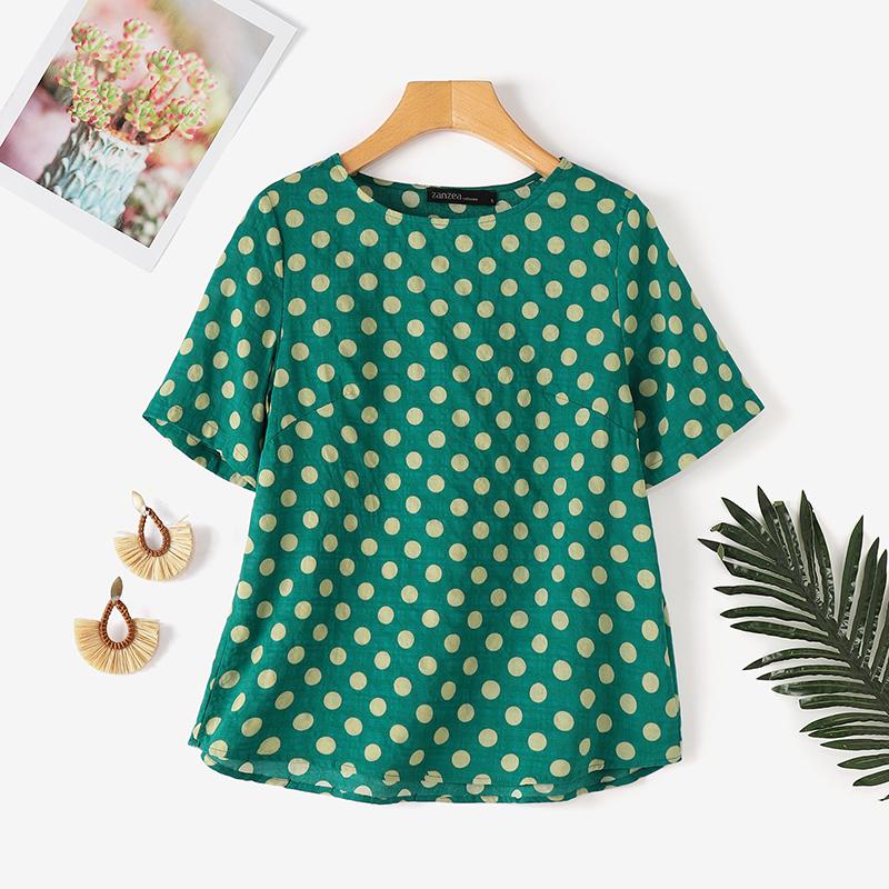 ZANZEA Женская повседневная блузка с круглым вырезом и коротким рукавом в горошек