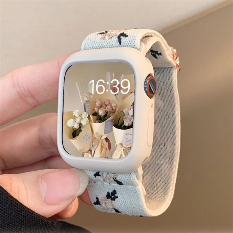 Ретро Цветочный Ремешок+Чехол Для Apple Watch Band 49мм 40 44 45 41 38 42мм Эластичный Нейлоновый Ремешок Для iWatch Serie 3 4 5 6 SE 7 8 9 Ultra
