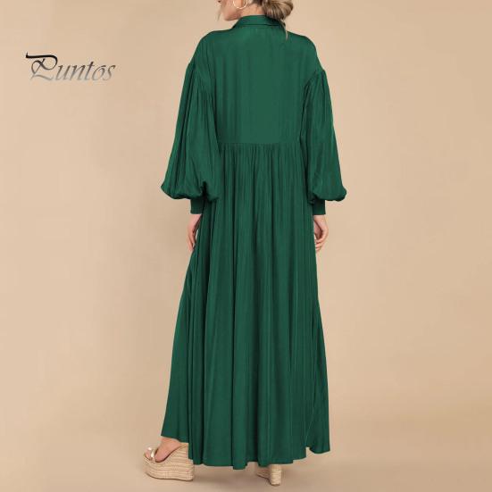 Осень-весна женское платье трапециевидной формы с отложным воротником, большие качели, плиссированные длинные рукава, однотонное однобортное свободное лоскутное платье макси