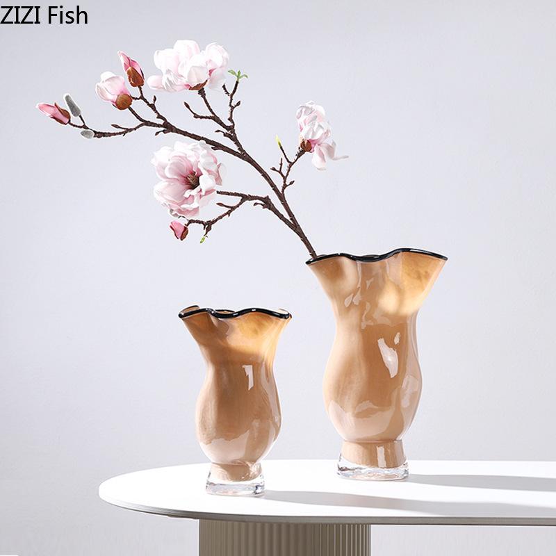 Creative Pleated Glass Vase Black Edge Plant Pots Table Decoration Hydroponics Floral Vases Modern Home Flower Arrangement