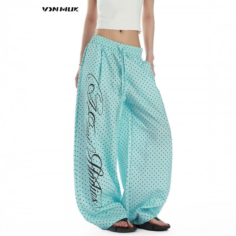 Womens Polka Dot Print Letter Casual Pants Loose Wide Leg Trousers Streetwear