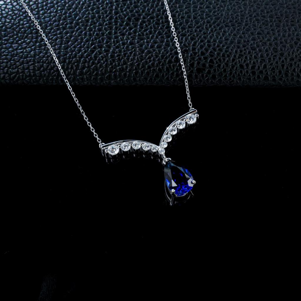V-shaped S925 Sterling Silver Pendant Necklace with Cubic Zirconia & Sapphire Water Drop for Evening Wear and Birthdays