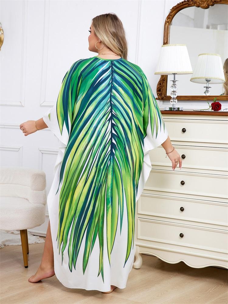 EDOLYNSA Oversize Women Kaftan Robe Outfit Bohemian Printed Vacation Chinese Knot V-neck House Bathing Suit Cover Up Q1588