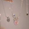 Korean Pink Crystal Heart Bow Pendant Necklace Trendy Silver Color Chain Neck Necklace For Women Wedding Aesthetic Jewelry