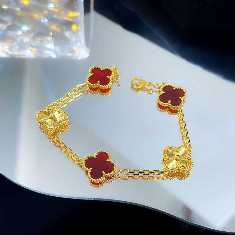 Браслет «Четырехлистный клевер» с пятью цветками, версия High, натуральный фиолетовый халцедон, лазерная CNC-резьба, 18 карат, не тускнеющий, женский браслет