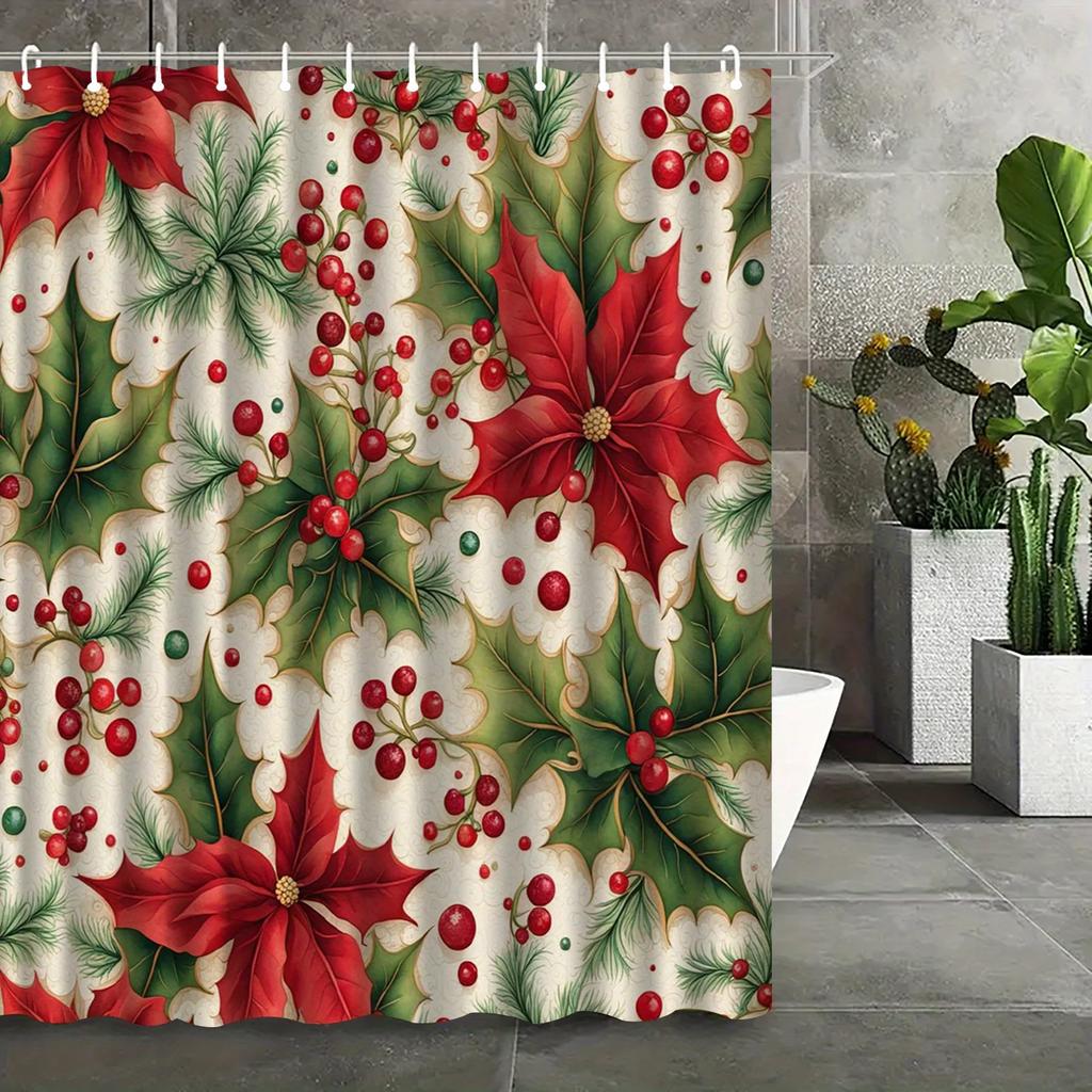 GAERed Poinsettia & Green Leaf Holiday Shower Curtain with Hooks - Machine Washable Polyester Bathroom Decor, Christmas Winter