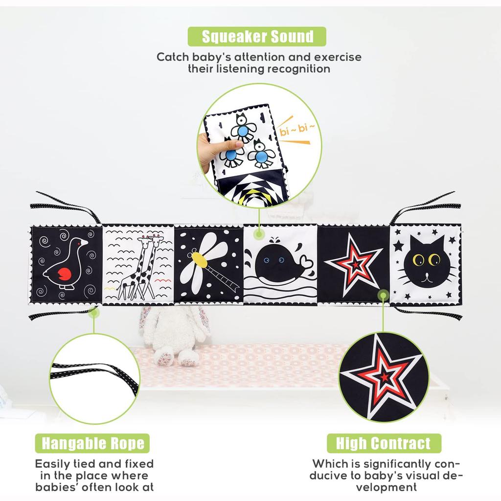 Tummy Time Toys, High Contrast Black and White Baby Soft Book Newborn Sensory Toys for Infants Visual Training Early Education