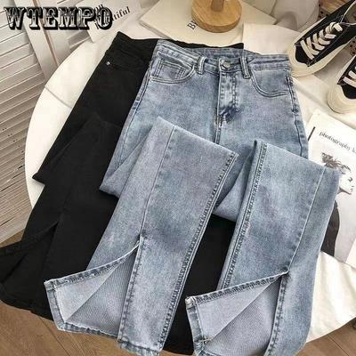 Джинсы с высокой посадкой на резинке для студенток, брюки микро-клеш с широкими штанинами, лето