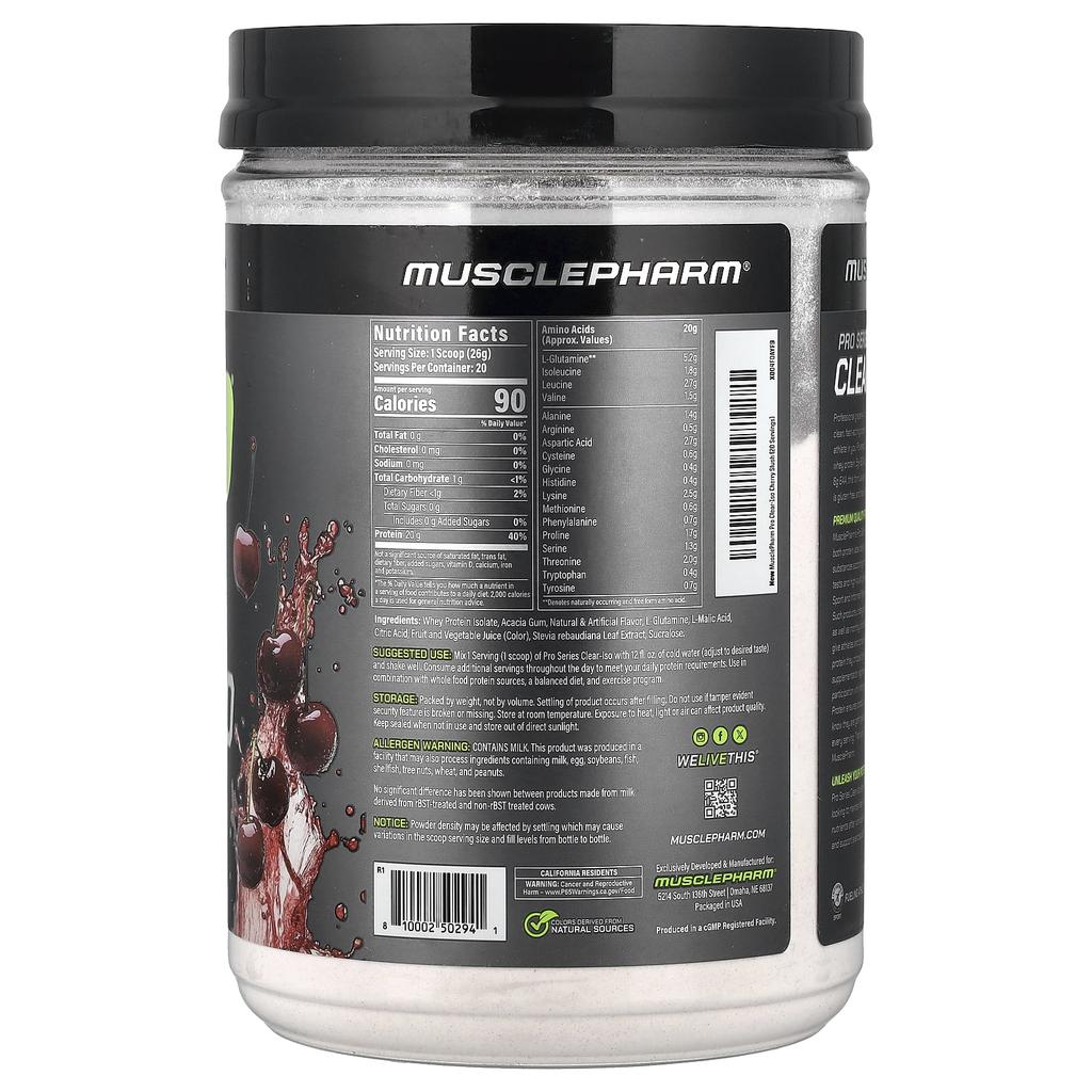 MusclePharm, Pro Series Clear-ISO, Protein Powder Drink Mix, Cherry Slush, 520 mg (1.14 lbs)