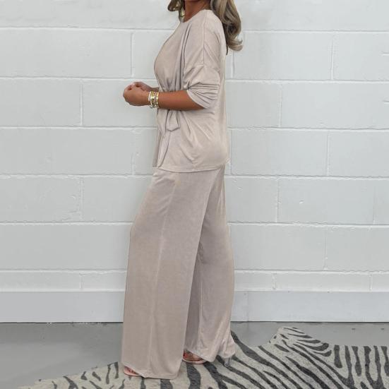 2 шт./комплект женский топ брюки костюм круглый вырез длинный рукав шнуровка