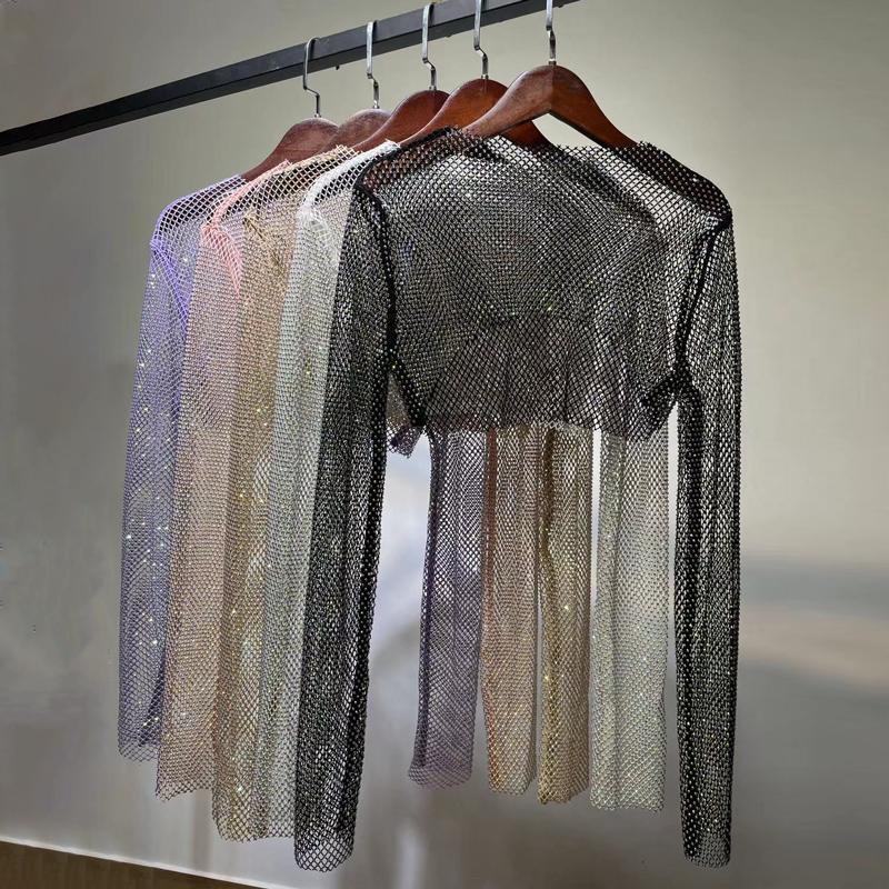 Блестящие футболки с кристаллами, женские сексуальные прозрачные топы с круглым вырезом, ночная праздничная одежда, укороченные рубашки, футболки, топы Y2K 2023