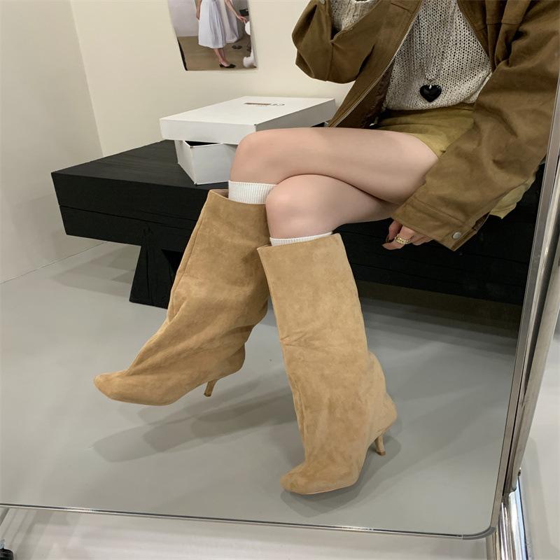 Miting Loose Straight Boots Autumn and Winter Matte Retro Trouser Boots Long Boots Big Tube Circumference High Heel Western Cowboy Boots Women