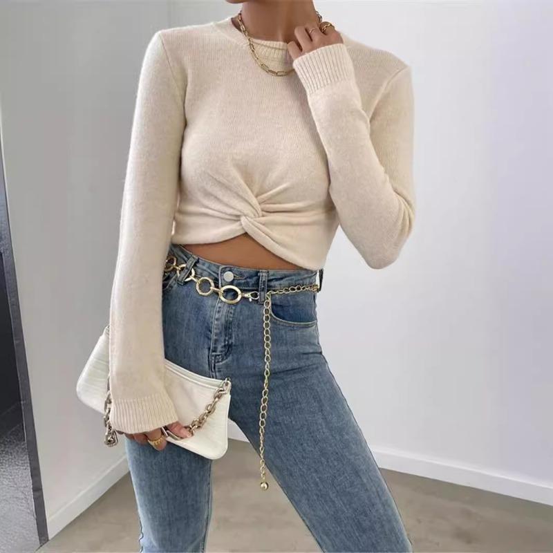 Women Slim Fit Cross Design Round Neck Long Sleeve Knit Sweater