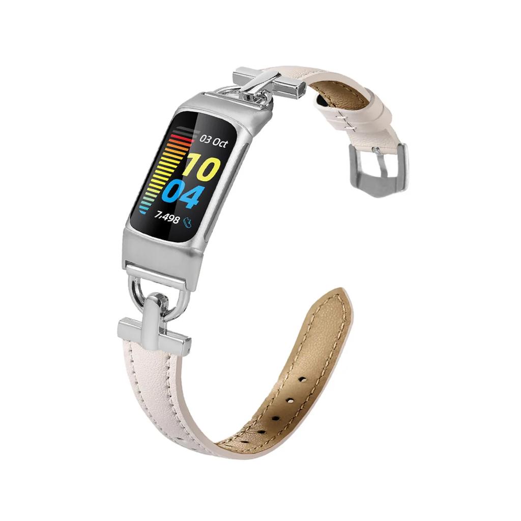 Thin Leather Watch Strap Suit for Fitbit Charge6/5 Stylish D-shaped Metal Buckle Leather Strap