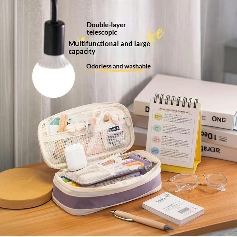Oxford Cloth Pencil Case Large Capacity Zipper Closure Portable Stationery Bag for Teen Students Office Daily Use