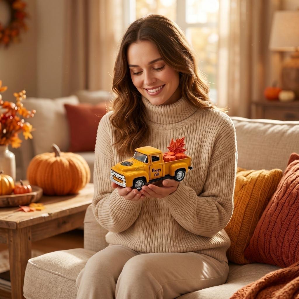 Винтажная литая модель пикапа с тыквой и кленовым листом, осенний декор, Thanksgiving, коллекционная модель
