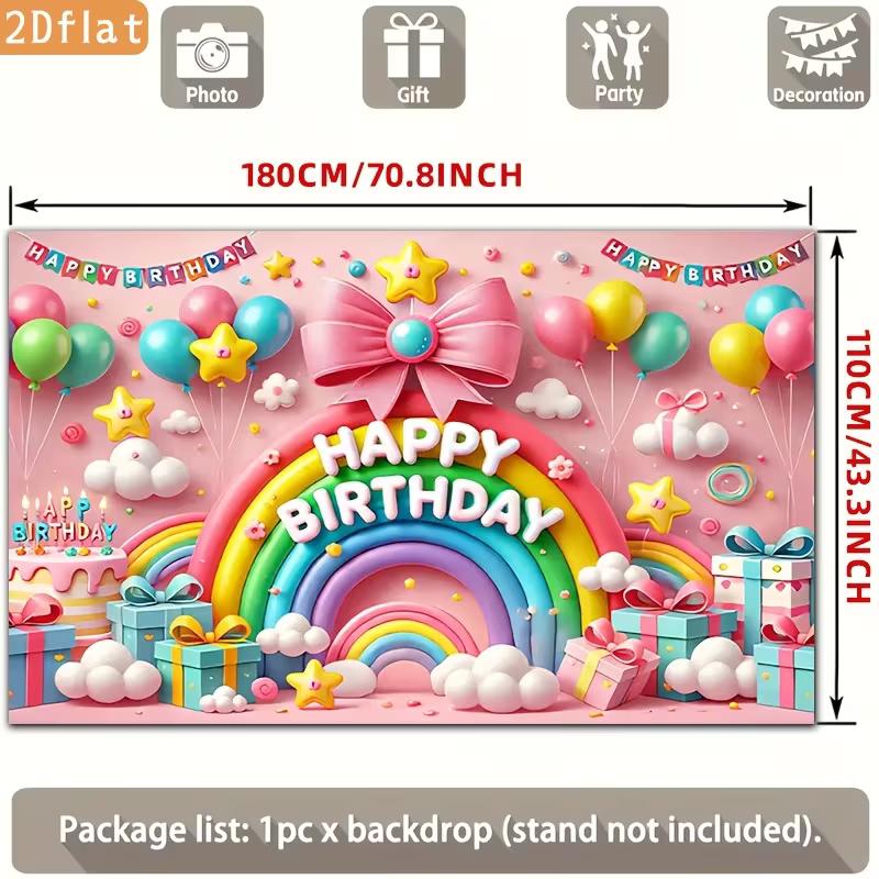 2D Pink Happy Birthday Backdrop Banner, Rainbow & Balloons Party Decor