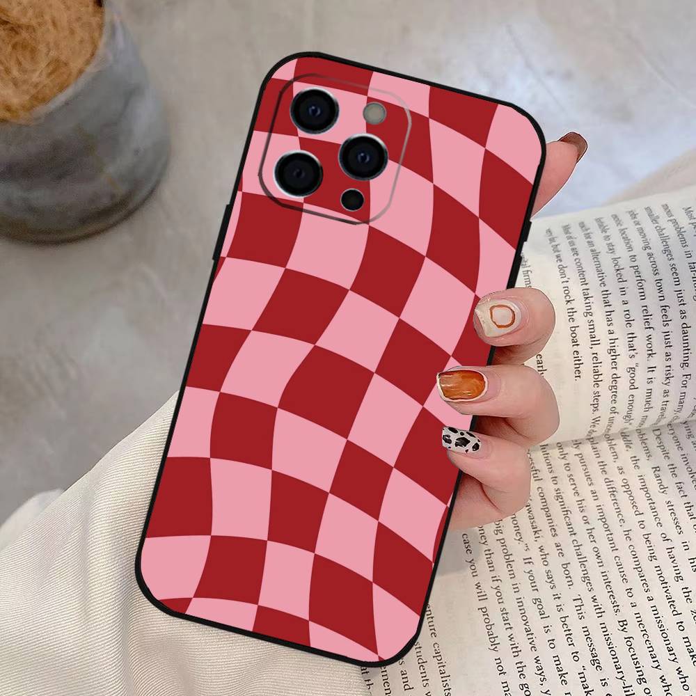 Однотонный клетчатый чехол для телефона для iPhone 17,16,15,14,13,12,11 Plus,Pro Max,XS,Мягкий силиконовый черный чехол
