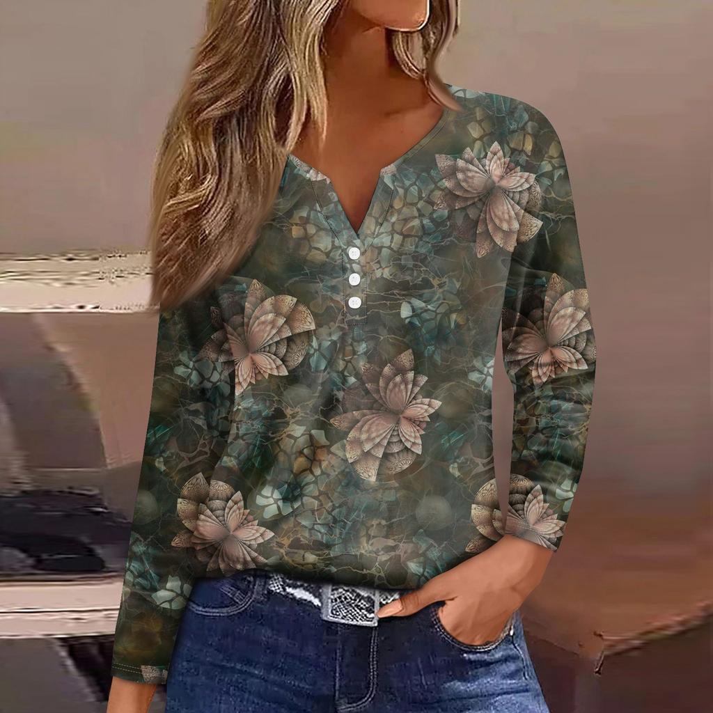 Женская модная повседневная футболка с v-образным вырезом и длинным рукавом с цветочным принтом, украшенная топами