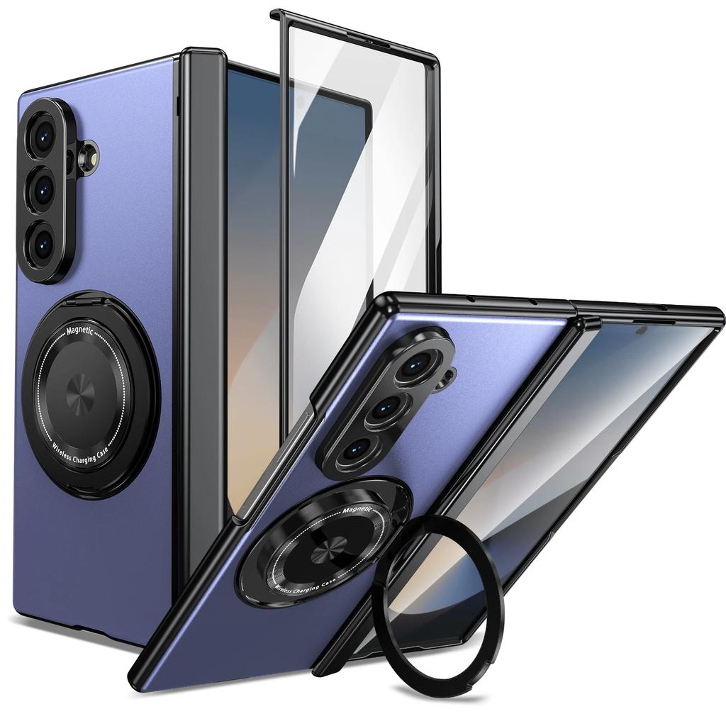 360°Alloy Magnetic Holder Hinged Phone Case For Samsung Galaxy Z Fold 7 6 5 4 3 Magsafe Wireless Charger Camera Shockproof Cover