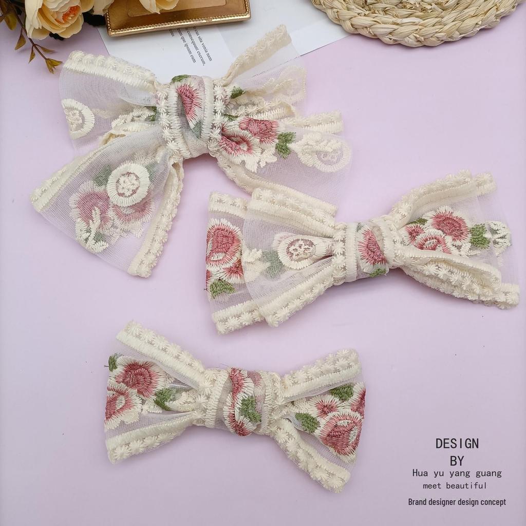 Вышитая большая кружевная заколка-бантик - в стиле «Сладкая фея»