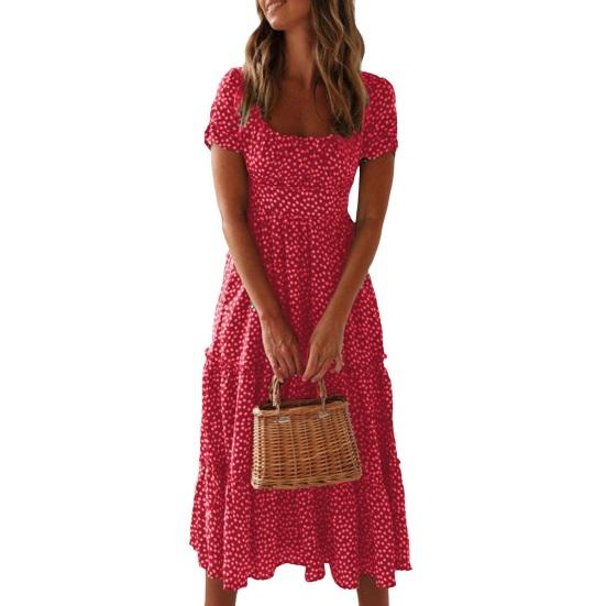 Women Dress Small Flower Print Patchwork A-line Flowy Hem Square Neck Short Bubble Sleeves Pleated Shirring Dating Vacation Midi Dress