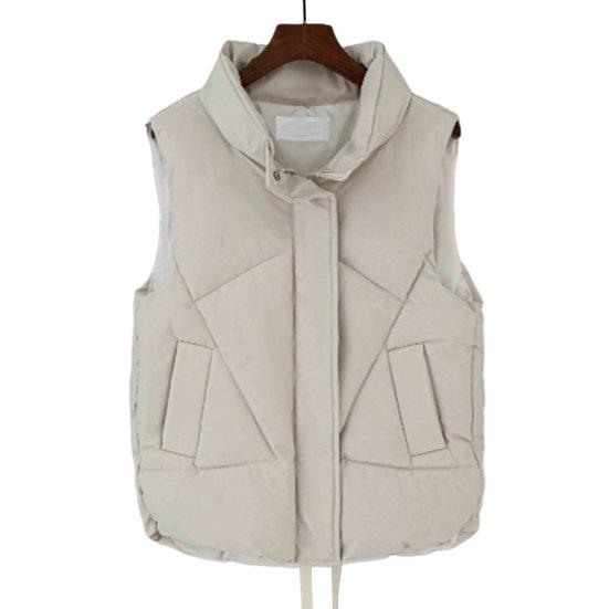 Women Autumn Winter Cotton Padded Waistcoat Stand Collar Sleeveless Vest Jacket Pockets Zipper Buttons Placket Windproof Warm Vest Coat