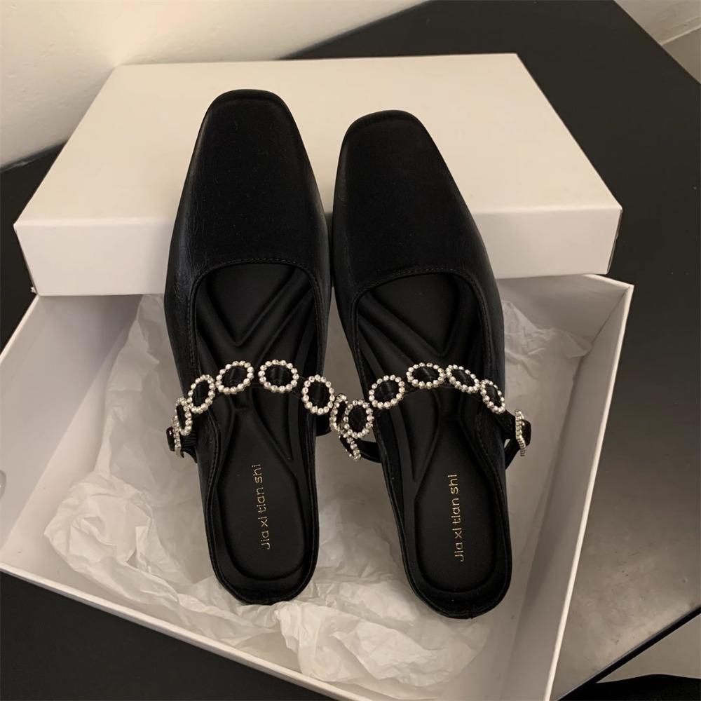 Fashion Fangtou Baotou Half Slippers for Womens 2025 Spring/autumn New Outerwear with Skirt Diamond Chain Thick Bottom Slippers Women's