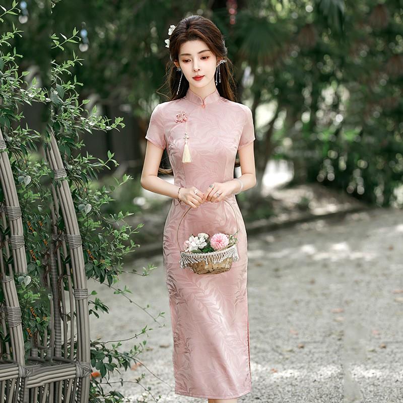 Pink Modern Chinese-Inspired Qipao Dress Women Short Sleeve Stand Collar Floral Jacquard Wearable Petite Girls
