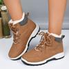 Fashion Thickened Plush Ankle Boots for Women Winter Style Outdoor Lace-up PU Leather Warm Cotton Boots Waterproof and Anti-ski Boots