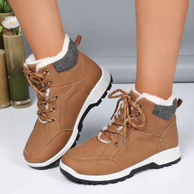 Модные утолщенные плюшевые ботильоны для женщин Зимний стиль Уличные на шнуровке из ПУ кожи Теплые хлопковые ботинки Водонепроницаемые и противоскользящие ботинки