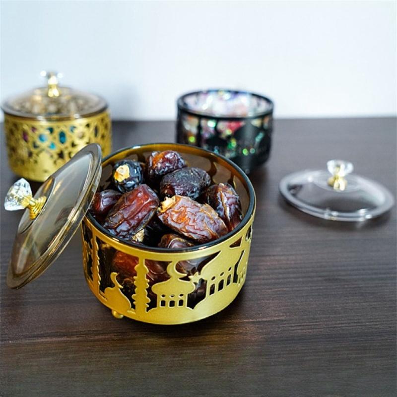 Сервировочные тарелки для Ид Мубарака с крышкой, металлический поднос для десерта в честь Рамадана, коробка для хранения продуктов, банка, контейнер, украшение стола для печенья, конфет