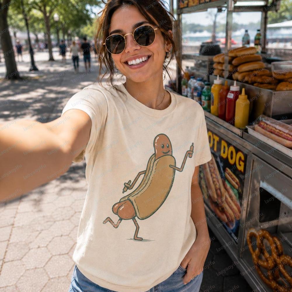 Funny Hotdog Graphic Cotton TShirt Cute Hotdog Graphic Tee Retro Foodie Shirt Wiener Cartoon Unisex Gift Beach Vacation Tops