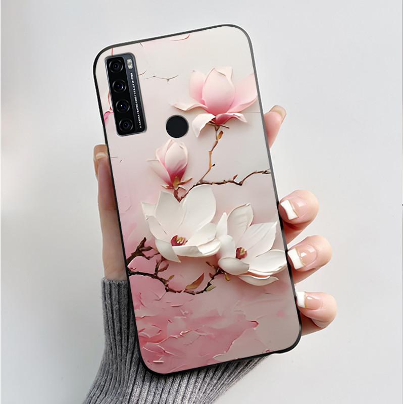 Для чехла TCL 20 SE 20SE Силиконовый Цветок нарисованный ТПУ Черный Funda для чехла TCL 20 SE TCL20SE TCL20 SE Защитный Coque etui Чехол
