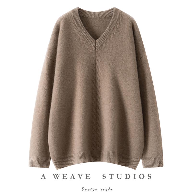 Women's V-Neck Cashmere Blend Pullover: Cozy Cable Knit Sweater for Autumn/Winter