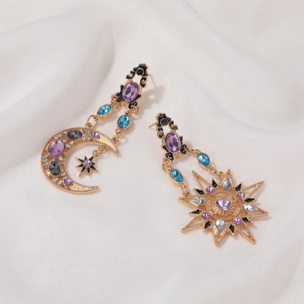 Retro Asymmetrical Sun & Moon Baroque Earrings: Exaggerated Long Design for Women