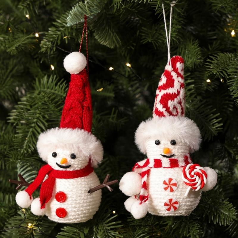 Fabric Christmas Character Ornament with Top Cord, Textured Plush Snowman Decoration for Holiday Trees and Home Displays