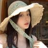 French Floral Lace Tied Sunshade Straw Hat Women's Summer Seaside Beach Vacation Sunscreen Hollow Straw Sun Hat