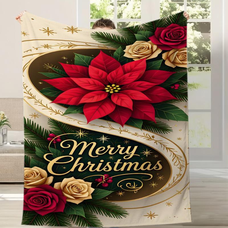Poinsettia Rose Gold Trim Fleece Blanket For Sophisticated Bedroom Decor Lightweight Plush Throw Blanket Cover