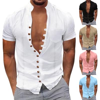 Мужская летняя рубашка с коротким рукавом, однотонным карманом, полосками и пуговицами, мужские повседневные модные топы