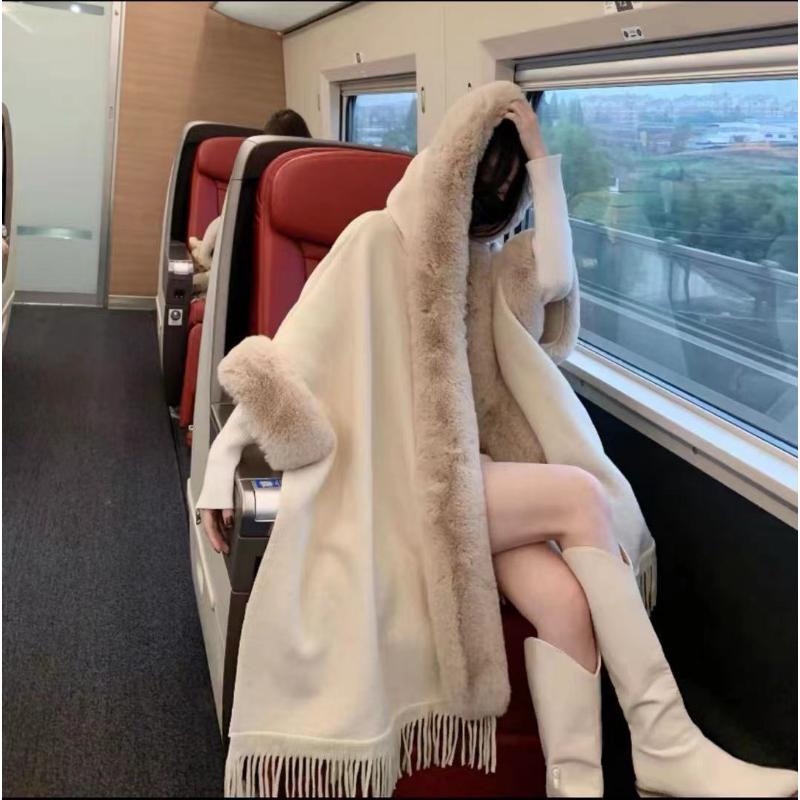 Зимняя женская шаль-накидка, куртка с меховым воротником, шаль с капюшоном, твидовая куртка, кардиган большого размера