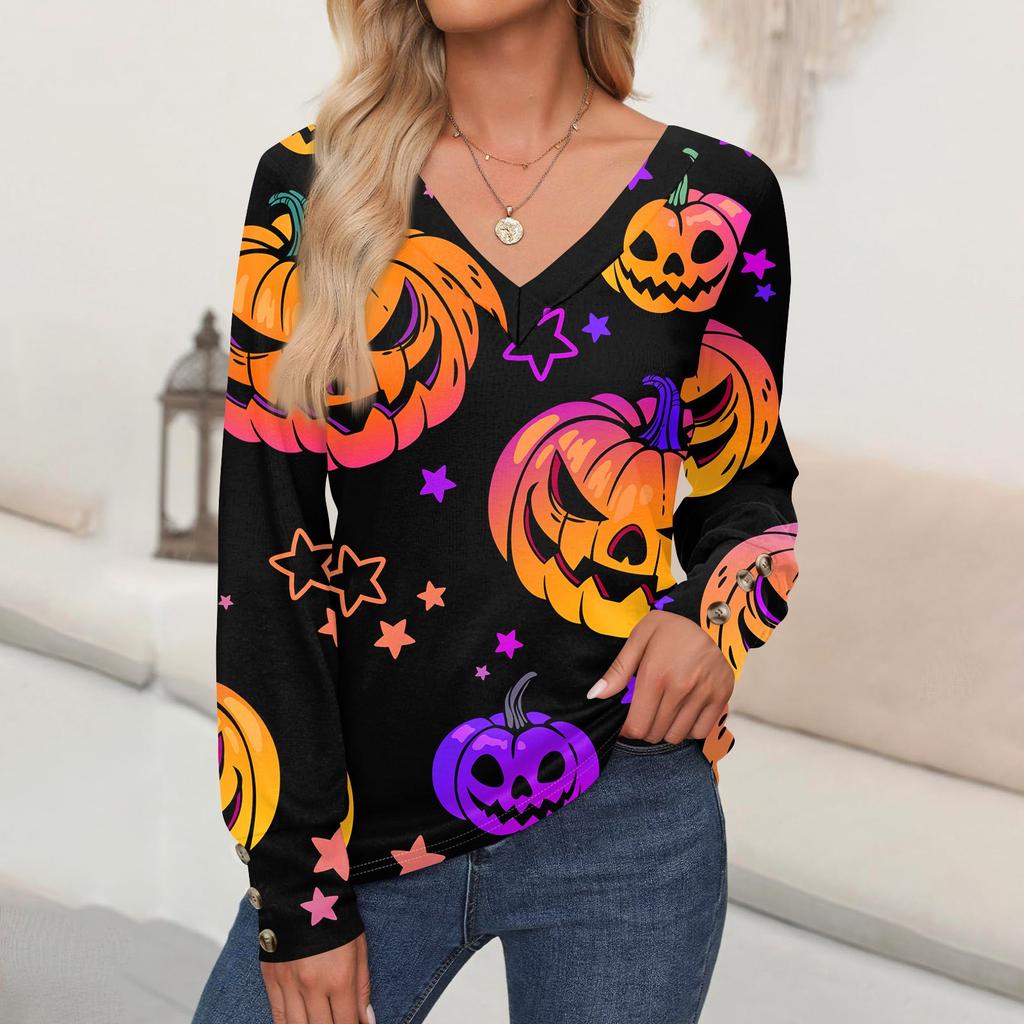 Женские топы с принтом на Хэллоуин, рубашка с длинным рукавом, V-образный вырез, повседневная свободная футболка, осенняя одежда