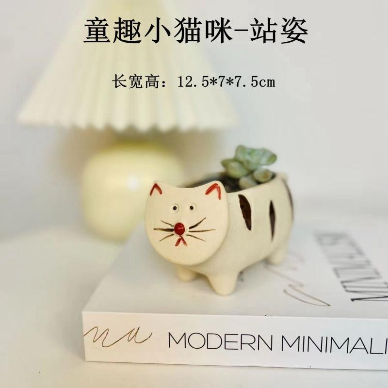 New 2pcs Set Creative Cartoon Cat Succulent Pot Flower Pot Ceramic Plant Pots Hanging Planter Desktop Ornaments Home Decore