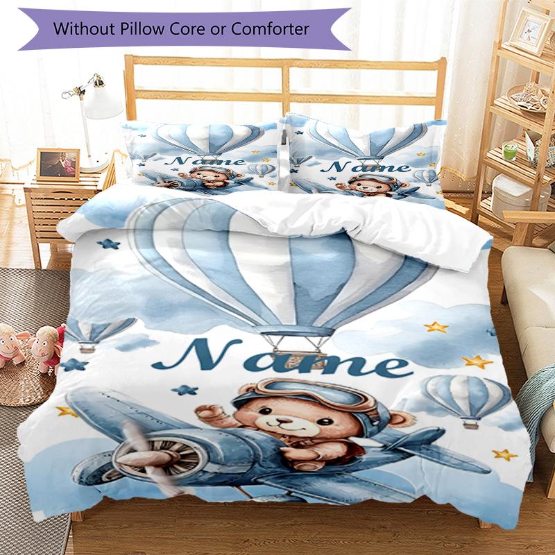 3pcs Custom Name Bear Bedding Set Duvet Cover Closure Includes 1 Duvet Cover & 2 Pillowcases, Soft and Comfortable for All Seasons.
