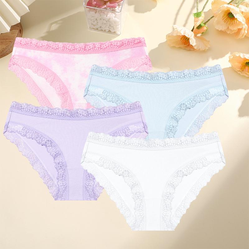 4PCS Women Cotton Printing Panties Seamless Lace Panties Low Rise Female Underwear Comfortable Sexy Lingerie Intimates Panties