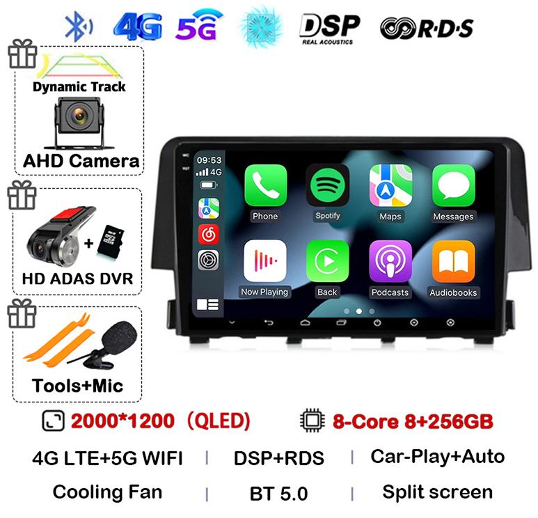 Android 14 Беспроводной Carplay Auto Для Honda Civic 2016 2017 2018 2019 2020 Автомагнитола Стерео Мультимедийный Плеер GPS 4G+WIFI DSP