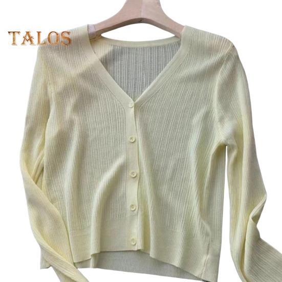 Sun Knit Cardigan for Women Long Sleeve V-Neck Button Up Thin Ice Silk Coat Summer Ribbed Cropped Top for Outdoor Travel Work Beach