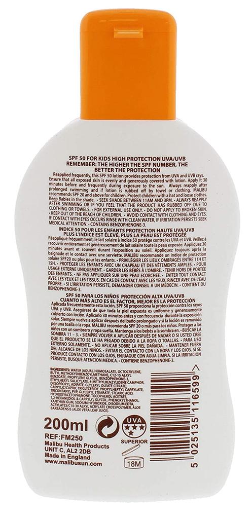 Malibu Детский защитный солнцезащитный лосьон SPF50 для детей 200 мл x 2 шт.