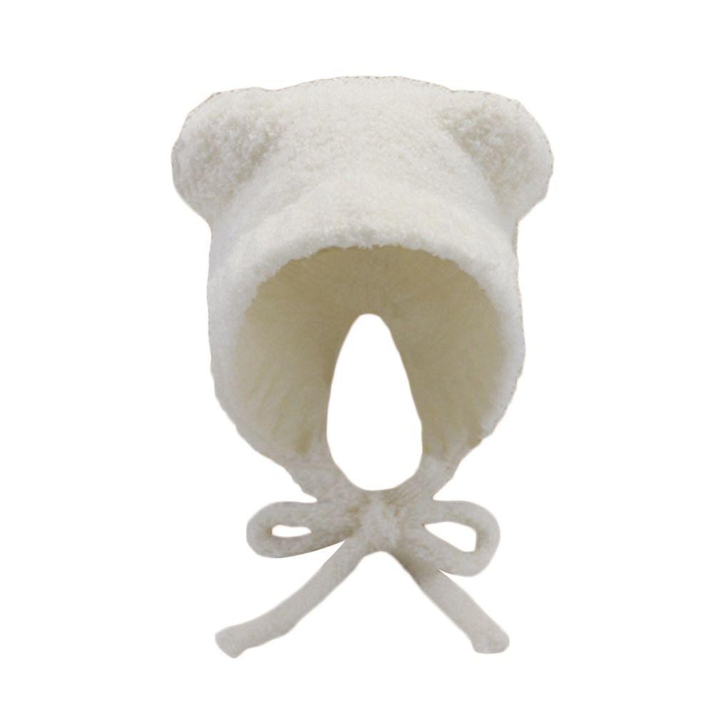 Lace-up Ear Protection Hat Warm Plush Beanie Cap Cute Bear Ears Knit Hat Cold Weather